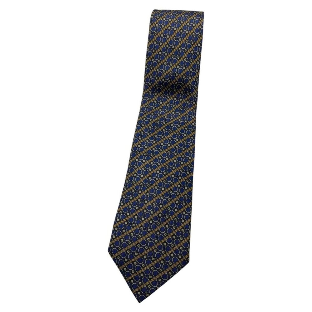 HERMÈS Men's 100% Silk Necktie LUXURY 764 UA Blue Striped Geometric W:3.4" EUC